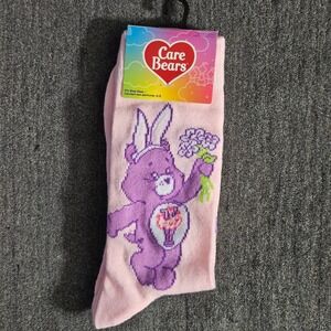 Care Bears Share Bear Pink Crew Socks Bunny Ears Flowers Shoe Size 6-12 New